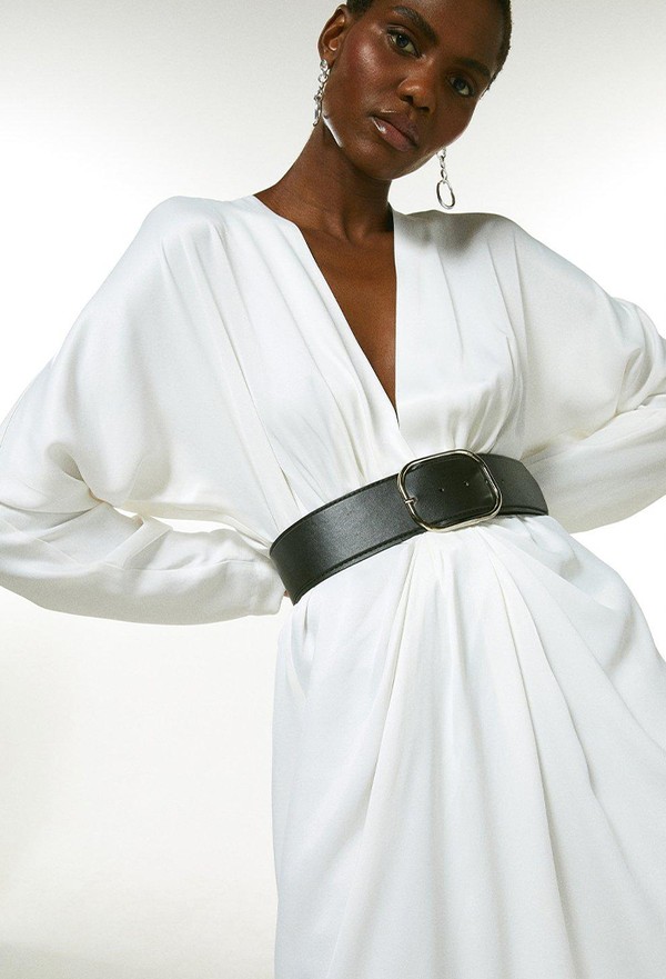 Viscose Crepe Plunge Neck Belted Dress