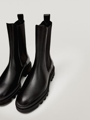 Flat Black Chelsea Boots With Track Sole