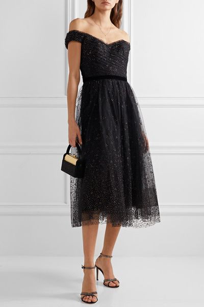 Off-The-Shoulder Ruched Glittered Tulle Gown from Marchesa Notte