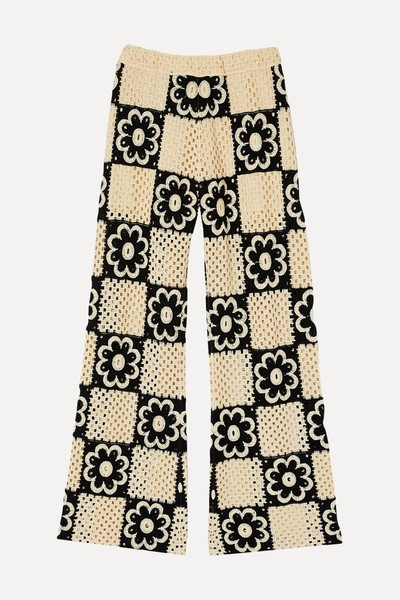 Flower-Motif Straight-Leg Crochet-Knit Trousers from Sandro