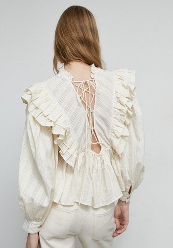 Frill Front Cotton Lace Up Back Blouse from Warehouse