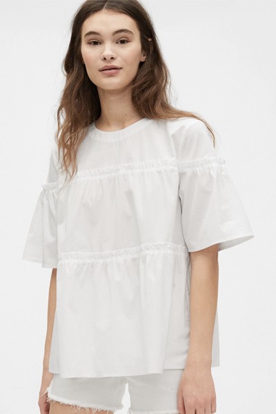 Tiered Short Sleeve Top In Poplin