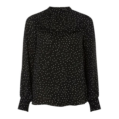 Black Spotted Ruffle Long Sleeve Top