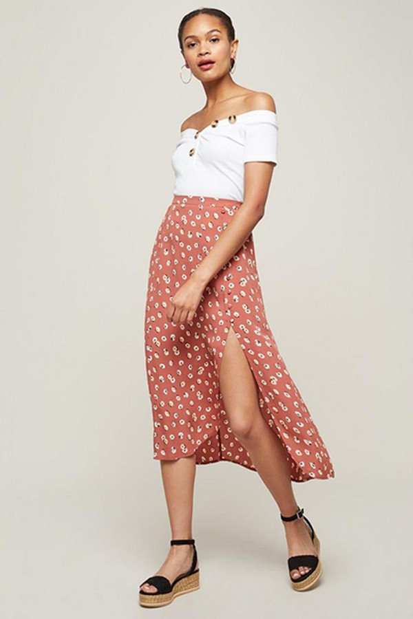 Rust Button Side Midi Skirt from Miss Selfridge