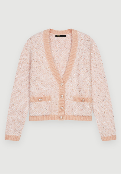 Mission V-Neck Stretch-Knit Cardigan from Maje