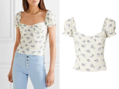 Jewel Cropped Shirred Floral-Print Crepe Top from Reformation
