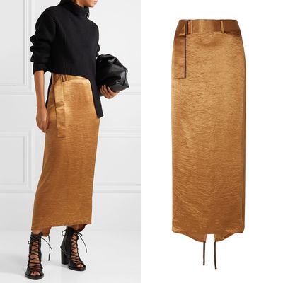 Belted Crinkled-Satin Midi Skirt from Ann Demeulemeester