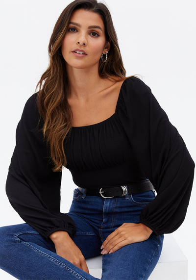 Ribbed Square Neck Ruched Long Sleeve Bodysuit