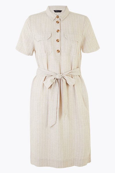 Linen Striped Utility Shirt Dress