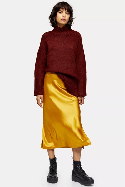 Ochre Split Satin Bias Midi Skirt