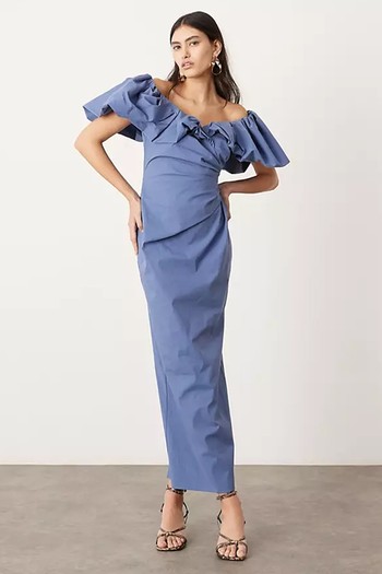 Bardot Ruched Puff Sleeve Maxi Dress 