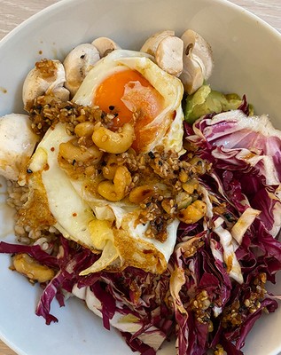 Radicchio & Fried Egg With Brown Rice, Raw Mushrooms & Avocado