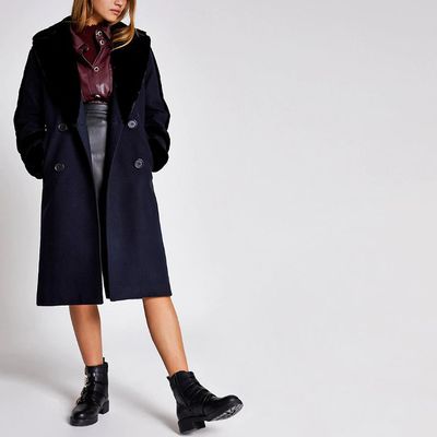 Navy Faux Fur Trim Double Breasted Coat, £90