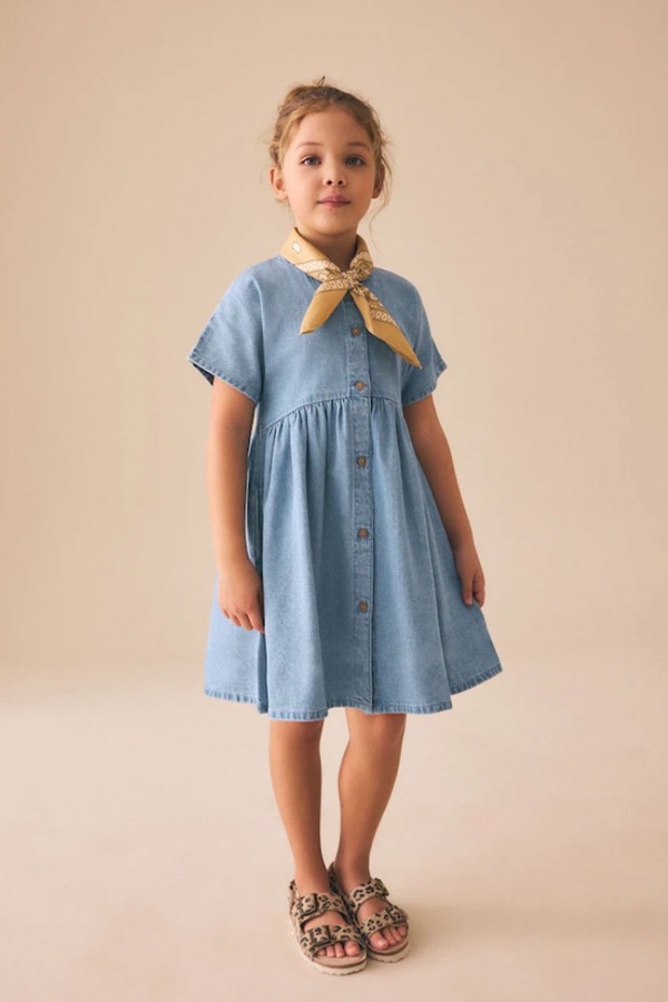 Denim Button Through Short Sleeve Dress from Next