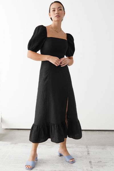 Linen Puff Sleeve Midi Dress