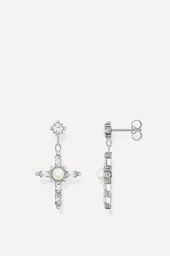 Silver Earrings Cross Romance With White Stones