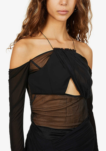 Halter-Neck Cut-Out Crepe & Mesh Mini Dress