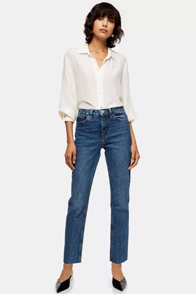 CONSIDERED Mid Blue Raw Hem Organic Cotton Straight Jeans from Topshop