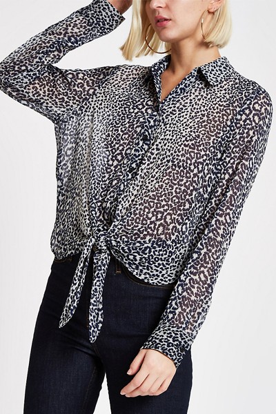 Navy Leopard Print Tie Front Shirt