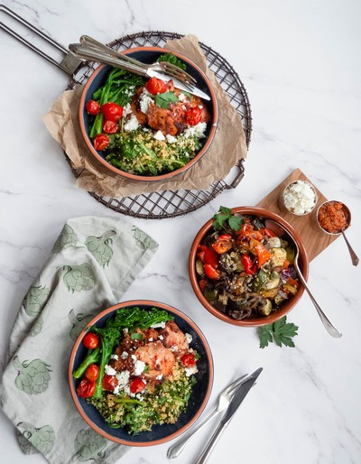 Chicken thighs with broccolini and spinach-tossed pearl barley