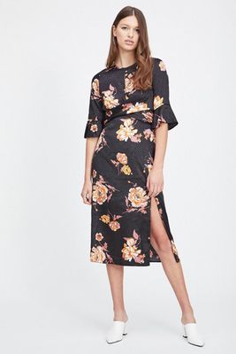 Black Floral Jacquard Twist Midi Dress