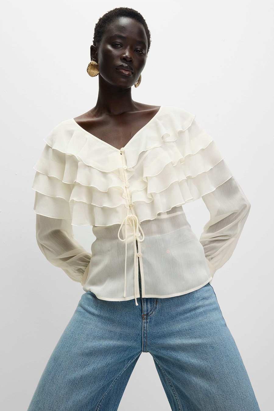 V-Neck Ruffle Tie Detail Button Through Blouse