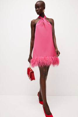 Satin Back Crepe Feather Hem Halter Mini Dress from Karen Millen