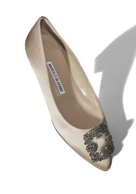 Champagne Satin Jewel Buckle Flat Shoes from Manolo Blahnik