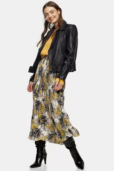 Multi Floral Tie Pleated Midi Skirt