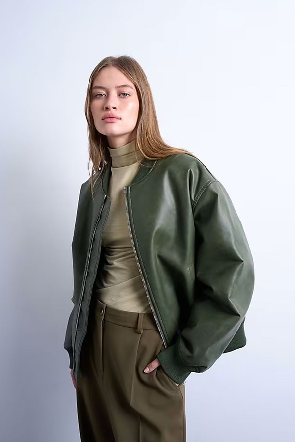 Faux Leather Vintage Wash Oversized Collarless Bomber Jacket from Topshop