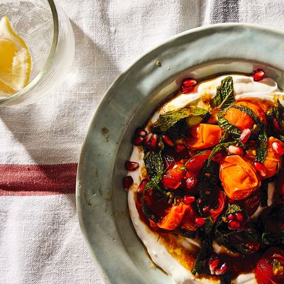Charred Tomatoes with Cool Yoghurt, Pomegranate Molasses and Herbs