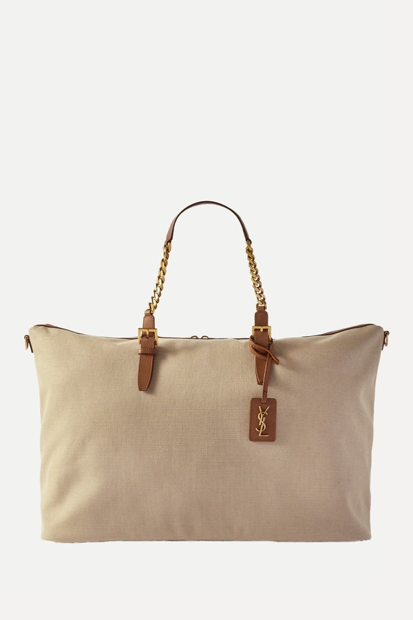 Chain Embellished Leather-Trimmed Canvas Weekend Bag from Saint Laurent