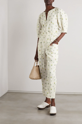 Cropped Gathered Floral-Print Linen Tapered Pants from Oroton