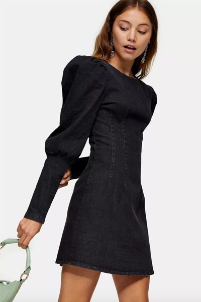 Washed Black Denim Seam Shirt Dress