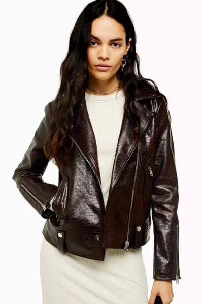 Burgundy Faux Leather Crocodile Biker Jacket from Topshop