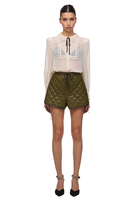 Khaki Vegan Leather Quilted Shorts from Self-Portrait