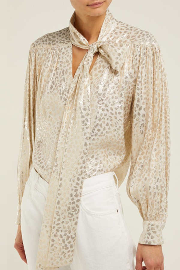 Reina Leopard-Brocade Silk-Blend Blouse from Masscob