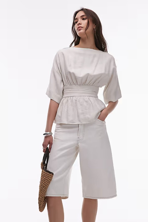 Linen Low Back Dropped Waist Top from Topshop