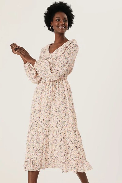 Pure Cotton Ditsy Floral Midi Waisted Dress