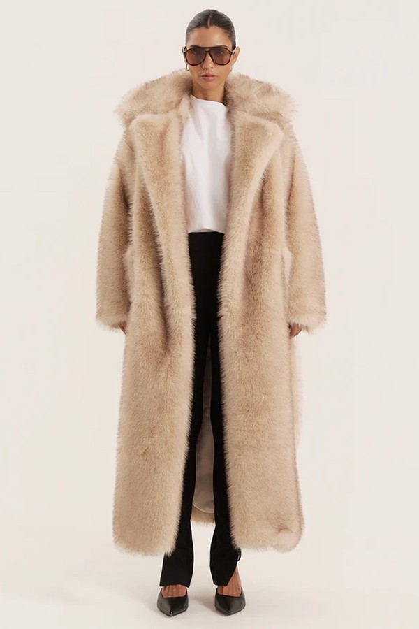 Faux Fur Oversized Tie Waist Maxi Coat from 4th Reckless