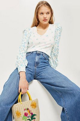 Long Sleeve Trim Print Top from Topshop