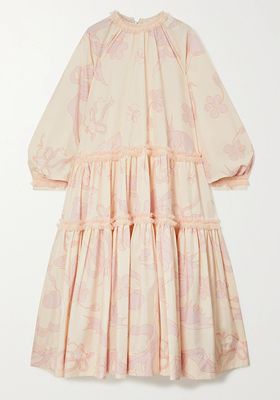 Oversized Tulle-Trimmed Tiered Printed Poplin Midi Dress from Minjukim