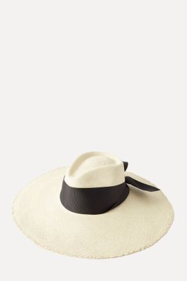 Bow-Trim Frayed-Edge Straw Panama Hat from Sensi Studio