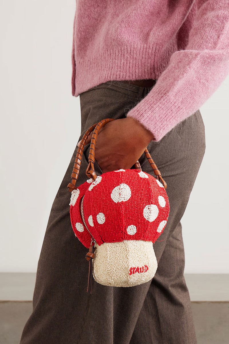 Shroom Leather-Trimmed Beaded Satin Tote from Staud