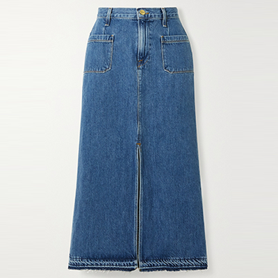 Le Bardot Frayed Denim Midi Skirt from Frame