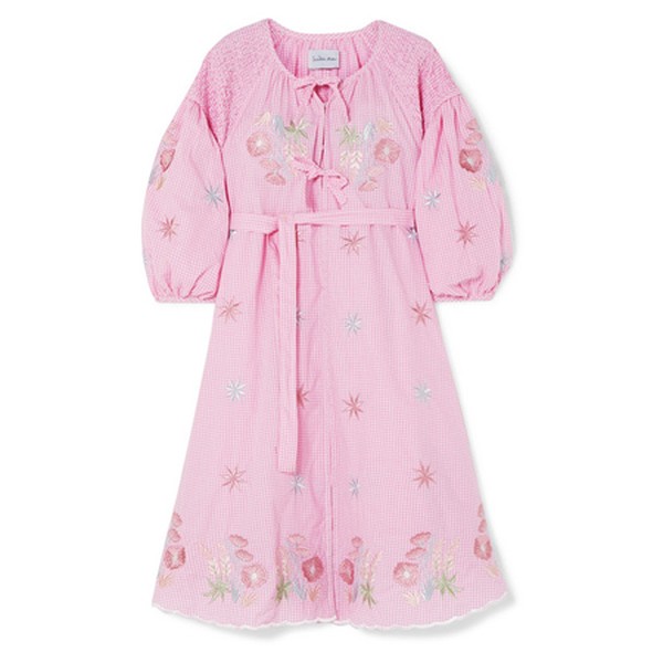 Smocked Embroidered Gingham Cotton Dress