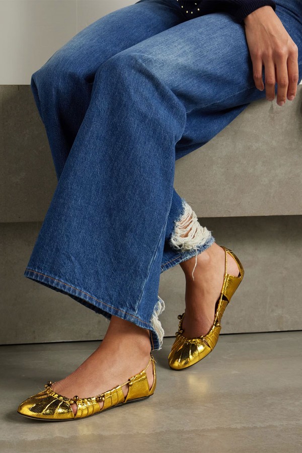 Luna Cutout Embellished Gathered Metallic Leather Ballet Flats from CHLOÉ