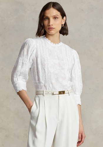 Linen Eyelet Puff-Sleeve Blouse