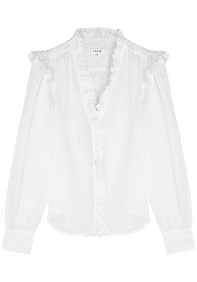 Lauren White Ruffle-Trimmed Ramie Blouse from Frame