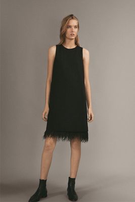 Black Dress With Feather Trims from Massimo Dutti